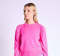 AIKA Sweater | Pink Round Neck Sweater with Puff Sleeves