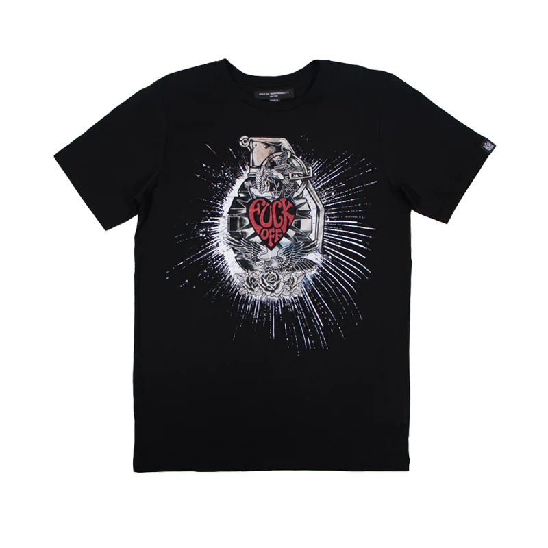 Short Sleeve Crew Neck Tee "Fuck Off" In Black